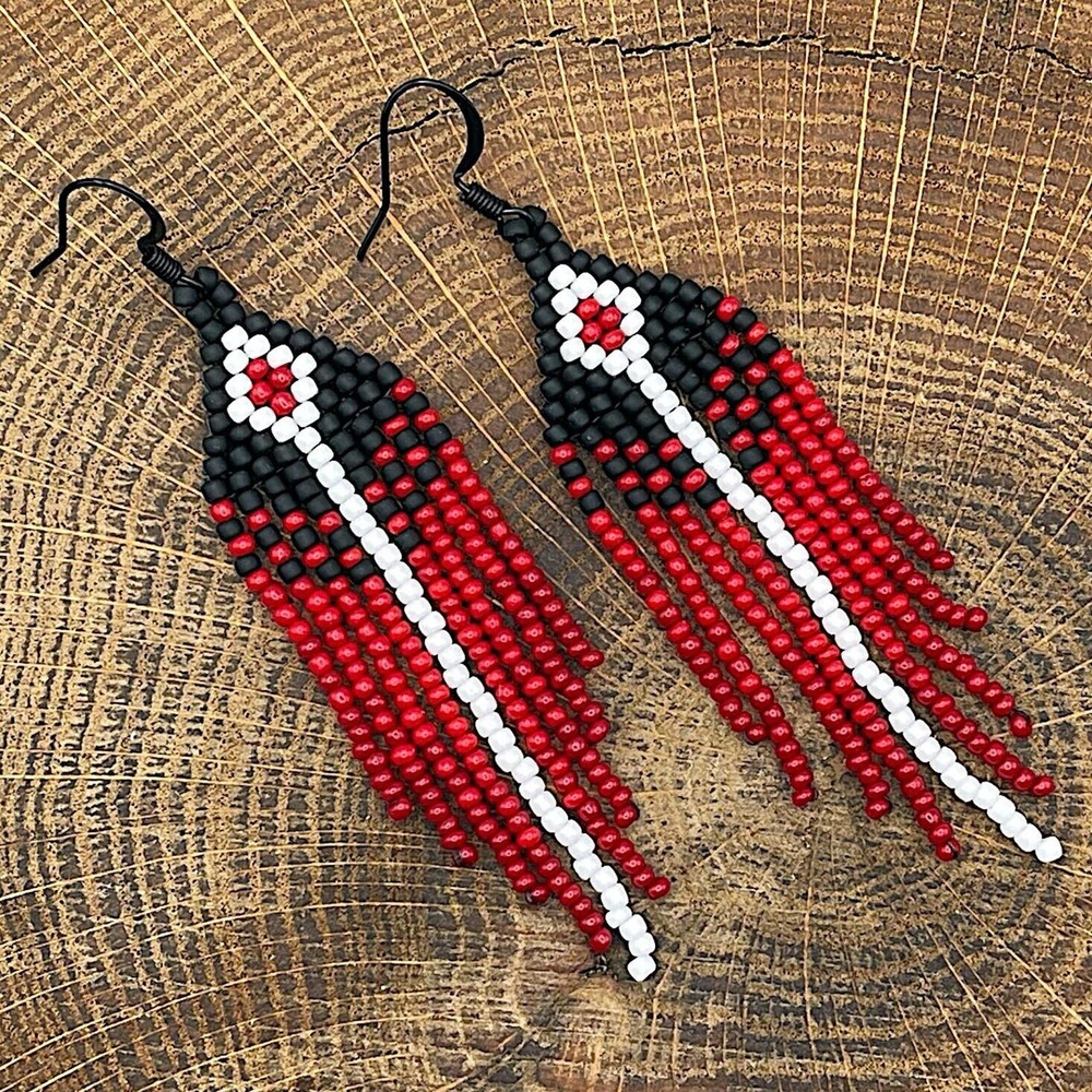 Seed Bead Fringe Dangle Earrings Black White & Red Ombre Glass Beads Beadwork